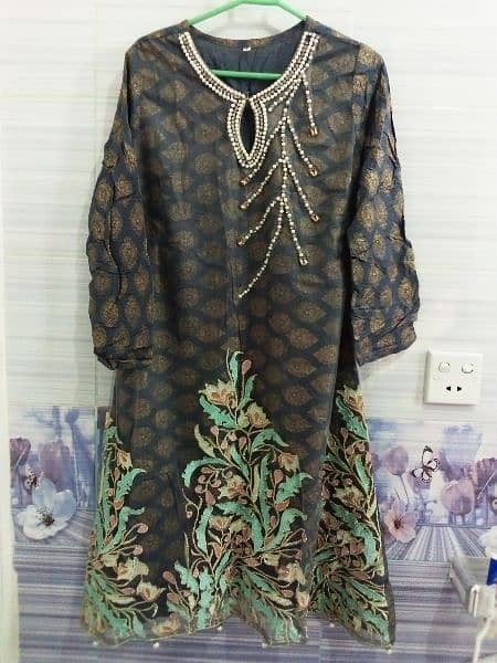 3 Pc suit with block printed shirt, trouser and dupatta 0