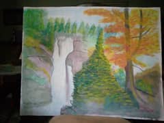 waterfall and trees landscape painting