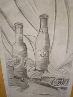 pencil sketch of 7 up and dew bottles