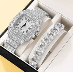 Diamond Encrusted Women's Bracelet Watch and Gold Wrist Watch Set