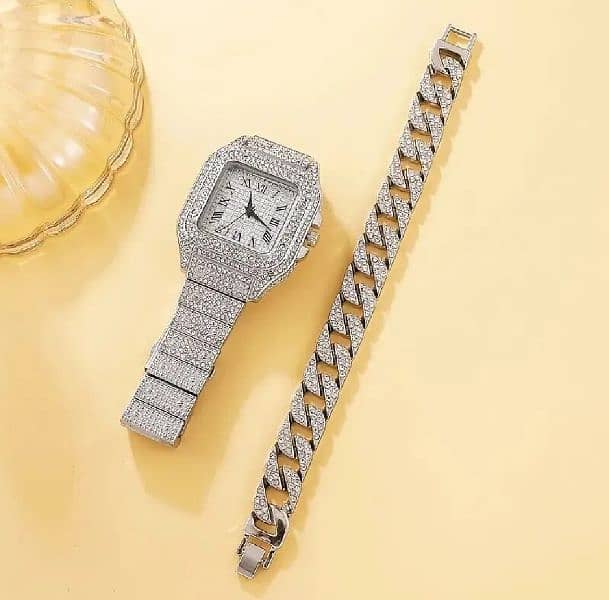 Diamond Encrusted Women's Bracelet Watch and Gold Wrist Watch Set 1