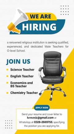 Chemistry teacher(male) required for O-level