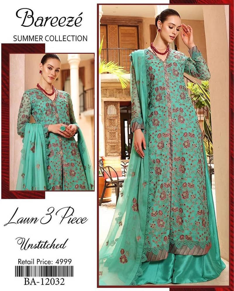 3 PCs woman's unstitched lawn embroidered suit 0