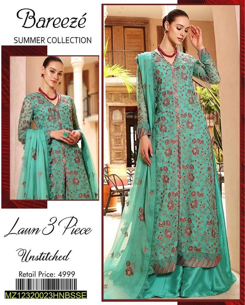 3 PCs woman's unstitched lawn embroidered suit 1