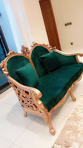 Pure shesham wood. Emerald green luxury 2 seater sofa 1