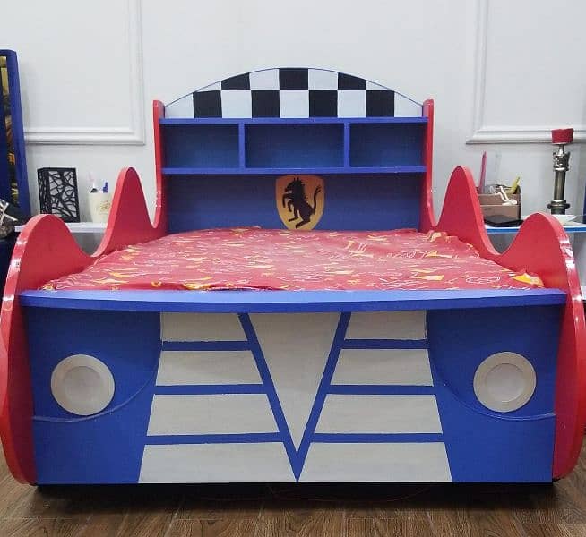 wooden kids car bed with  mattress in used just for 15000 in lahore 3