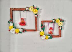 wooden wall hanging craft decorated with hand made crepe paper flowers