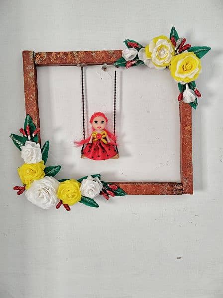 wooden wall hanging craft decorated with hand made crepe paper flowers 1