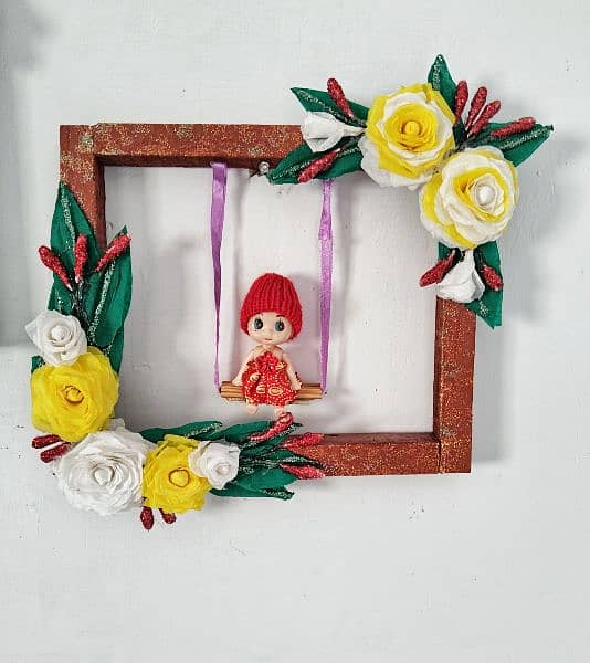 wooden wall hanging craft decorated with hand made crepe paper flowers 2