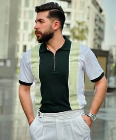 Fresh Mint Men White and Green Zipper Polo