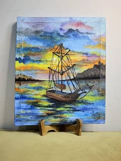 Beautiful asthetic painting of sea and ship for room