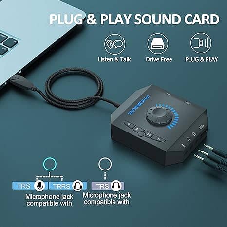 T10 External Sound Card, PHOINIKAS USB Audio Adapter for PC Windows, 1