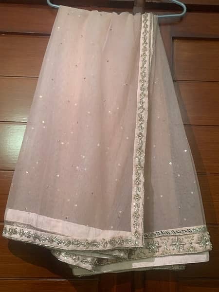 Peach long pishwas with lehnga with heavy sheesha and zari front back. 2