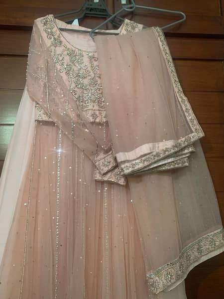 Peach long pishwas with lehnga with heavy sheesha and zari front back. 8