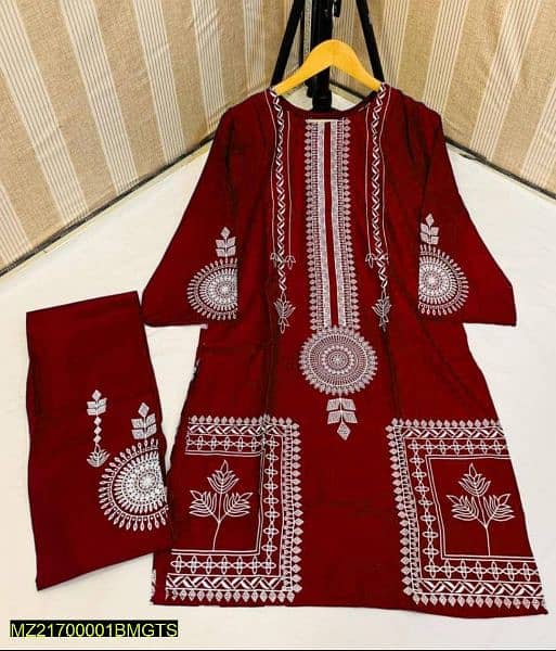 2 pcs women's stitched linen block printed suit 1