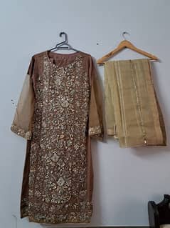 Pure Organza Embroidered suit - 3 pc - stitched - brown and skin 0