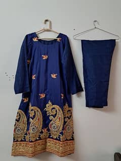 Raw silk embroidered suit - 3 pc - Stitched - Dark blue