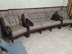 5 seater sheesham wood leather cover sofa set with center glass table