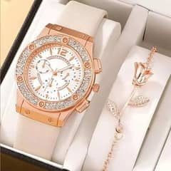 Women's luxury Rhinestone gold watch with rhinestones - white bracelet