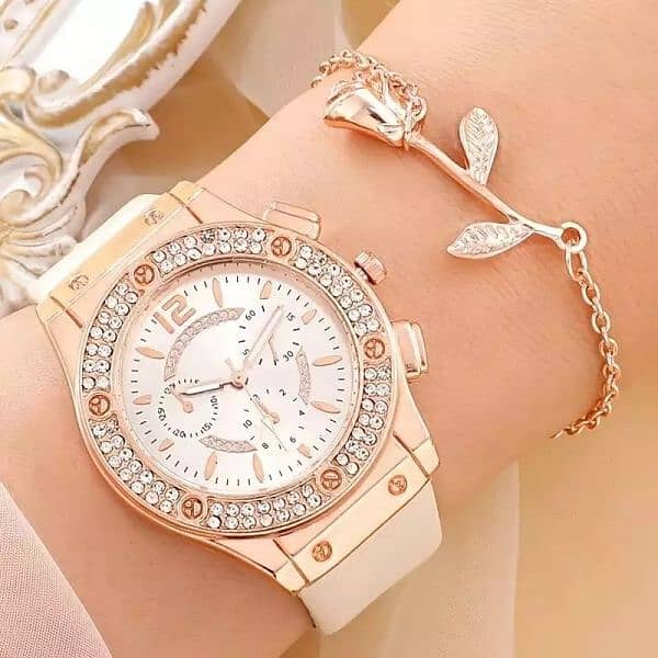 Women's luxury Rhinestone gold watch with rhinestones - white bracelet 1