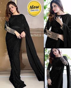 Elegant Black Sequins Embroidered Silk Chiffon Stitched Saree with Bl