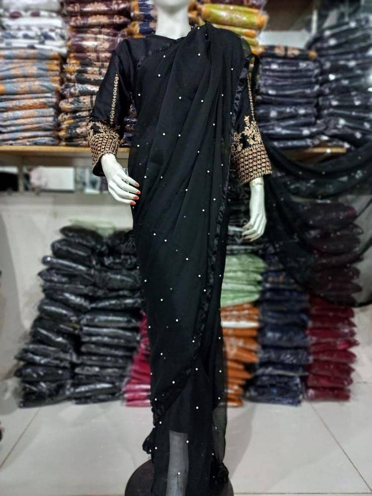 Elegant Black Sequins Embroidered Silk Chiffon Stitched Saree with Bl 1