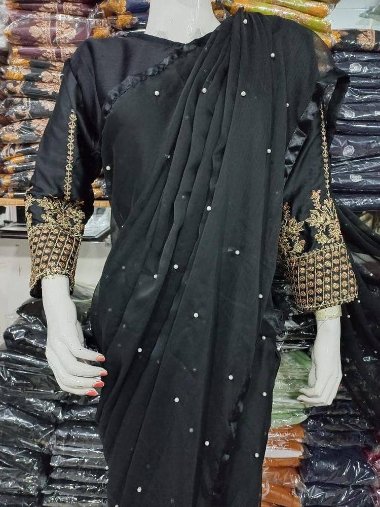 Elegant Black Sequins Embroidered Silk Chiffon Stitched Saree with Bl 2