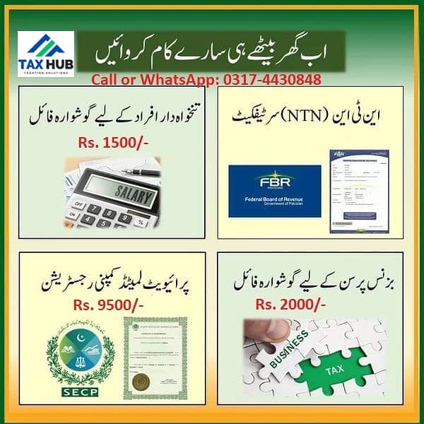 Tax Consultant, Income Tax Return, Sale Tax, FBR Filer, NTN, GST, PSEB 2