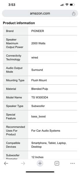 Pioneer TS-W3003D4 12” Champion Series 2000watts 4