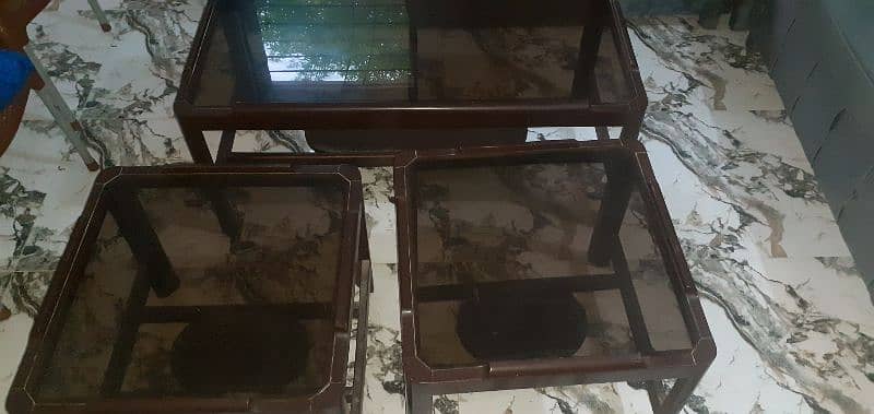 3 Piece Wooden Table Set, Glass Top 0