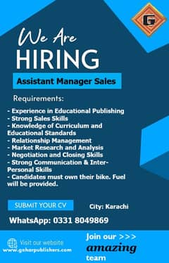 Assistant Manager Sales | School Textbooks | Own Bike | Target Driven