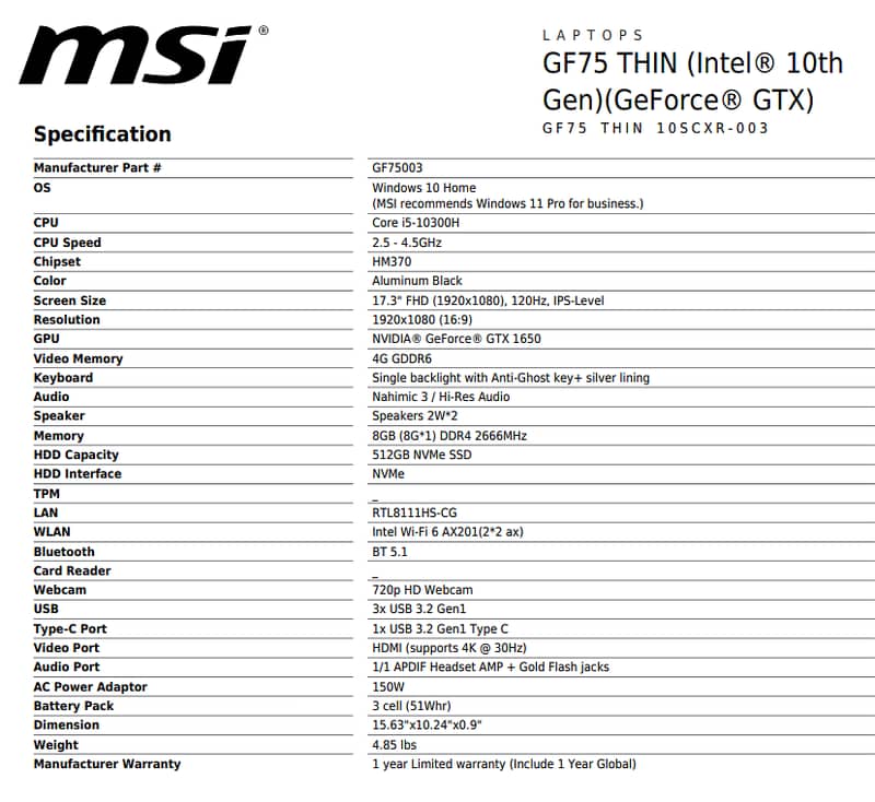 MSI GF75 Thin 17" Gaming Laptop 8