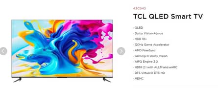 43 inch TCL QLED Smart TV 4K Ultra HDR Dolby Vision Gaming TV Warranty