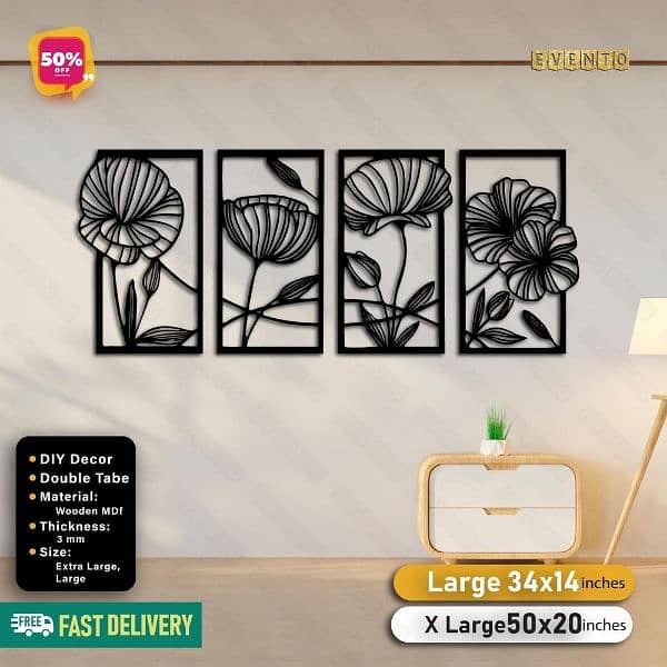 4 Frame Flower Black Wooden Wall Decor Panel 2