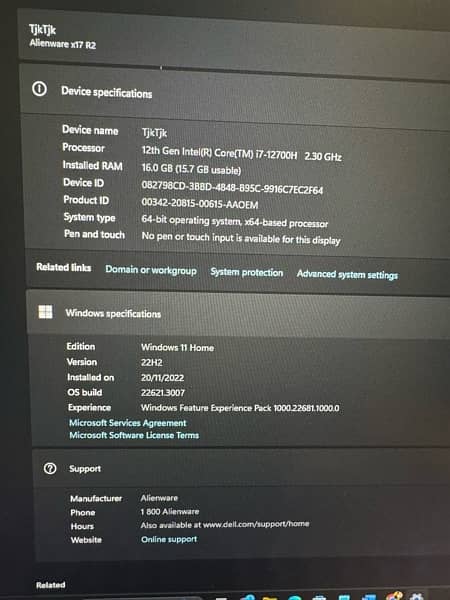 Dell Alienware x17 R2 - Alder Lake - 12th Gen Core i7 Processor 16GB 10