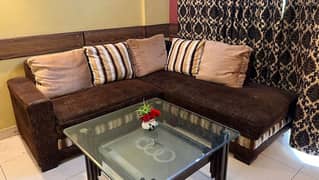 L shape Sofa with Center Table and Cushions