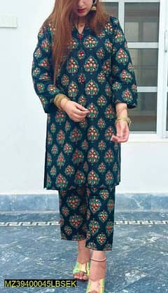 2 pcs women's Stitched linen block printed suit