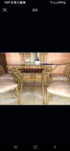 IRON DINING TABLE BROWN GLASS wth 6 CHAIR For Sale