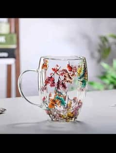 Double glass artificial flowers transparent coffee mug -350ml