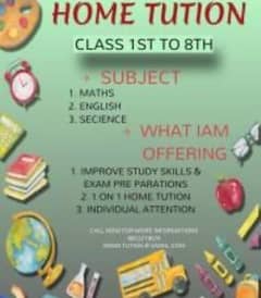 Home tution availble for classes 1 to 8