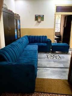 L shaped 7 seater sofa with seeti in bluish zinc color 0