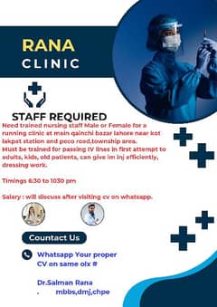 Trained Nursing Staff required for gp clinic male or female