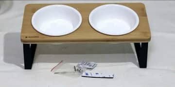 Ceramic Pet Feeding Bowls with Wood & Metal Stand