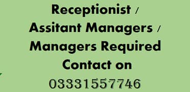 Receptionist / Assitant Manager / Manager Required