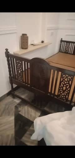 Antique Deewan traditional single bed with dresser and a side table.