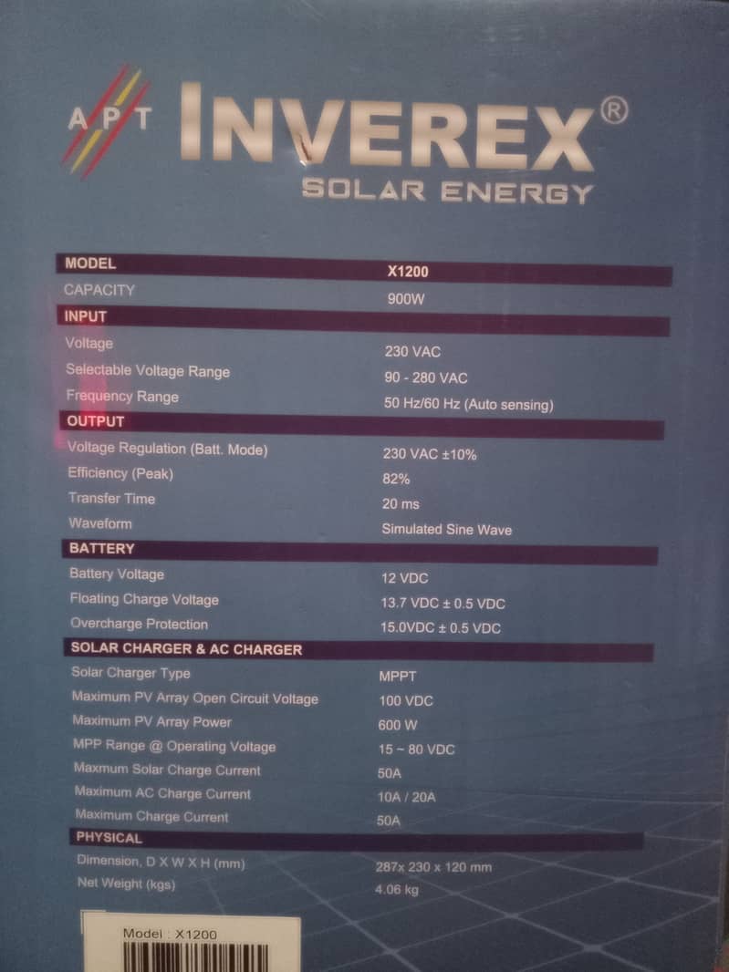 INVEREX XTRON1200 SOLAR INVERTER 900 WATT BUILT IN MPPT CONTROLLER 1