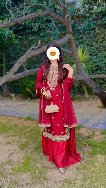 3 pc mehroon red long shirt with Plazo pant(sharara pant) 2