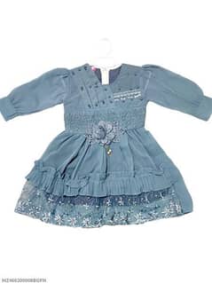 2 Pc Girl' s Chiffon Textured Frock And Trouser Set