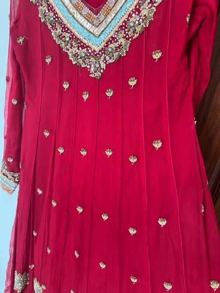 red fancy chiffon frock with duppata and choridar pajama 0