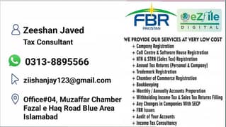 Income Tax Return, Sales tax return, Company incorporation and FBR